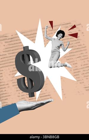 Modèle de croquis composite tendance collage photo 3D de main tenir des dollars salaire commerce dollars devise économie jeune femme excité saut Banque D'Images