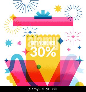 Boîte cadeau ouverte avec coupon de réduction. Illustration géométrique plate vectorielle pour la vente, la promotion, la carte de voeux, ou la conception de bannière. Parfait pour le marketing, re Illustration de Vecteur