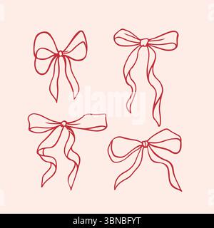 Ensemble d'arcs et de rubans de couleur rouge. Esquisser des croquis décoratifs des arcs de vacances pour les cadeaux, la surprise ou la décoration des cheveux. Illustration vectorielle dessinée à la main d'art au trait pour Noël, Saint-Valentin, cartes d'anniversaire, invitations. Illustration de Vecteur