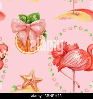 Modèle sans couture avec hibiscus flamant et orange dans le style tendance de l'aquarelle. Illustration tropicale corail sur fond rose. Parfait pour l'été Banque D'Images
