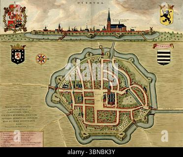 Carte historique du XVIe siècle représentant le paysage urbain de Dixmude, avec des murs fortifiés, des structures religieuses, des cours d'eau, des moulins à vent, emblèmes héraldiques Banque D'Images