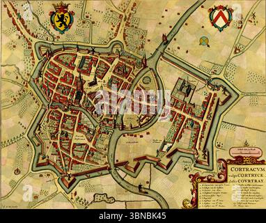 Carte vintage du XVIIe siècle révélant le paysage urbain de Kortrijk, ses structures défensives, ses sites religieux et le positionnement de la rivière Lys. SEATTLE - 1 MARS 2025 Banque D'Images