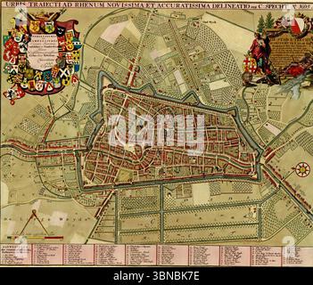 Carte historique détaillée d'Utrecht de 1695, mettant en valeur le réseau complexe de canaux, fortifications et urbanisme de la ville par Caspar Specht. Banque D'Images