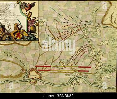Document cartographique vintage représentant le déploiement militaire pendant le conflit de guerre franco-hollandais, montrant le positionnement des troupes et la disposition des fortifications à proximité Banque D'Images