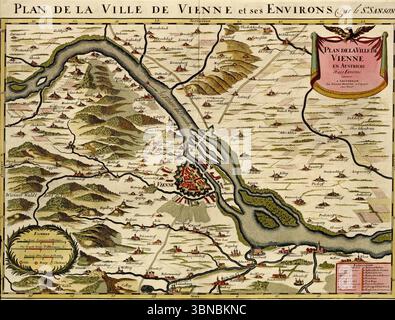 Carte historique représentant Vienne, Autriche, et ses environs, avec rivières, collines, et les colonies de Nicolas Sanson du XVIIe siècle. SIÈGE Banque D'Images