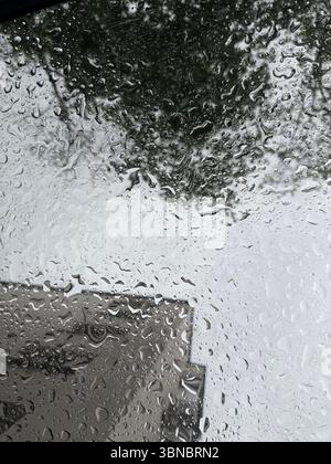 L'image montre un gros plan d'une fenêtre couverte de gouttes de pluie. En arrière-plan, un bâtiment gris et des branches d'arbres floues sont visibles à travers le mouillé Banque D'Images