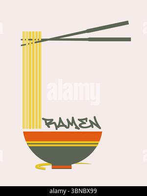 Les nouilles ramen, un aliment japonais, sont visibles dans un design graphique. Banque D'Images