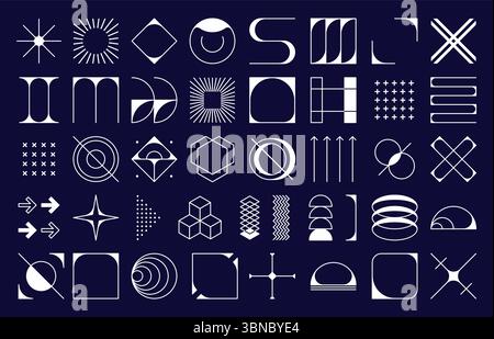 Brutalism formes futures et éléments modernes ou figures géométriques, icônes vectorielles. Géométrie de brutalisme abstrait et formes minimales, symbole d'étoile et éléments de base de ligne de grille et figures primitives simples Illustration de Vecteur