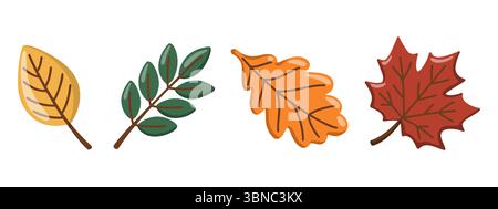 Feuilles d'automne serties avec des branches d'érable, de chêne et de feuillage. Herbier de la saison d'automne. Illustration isolée de vecteur de dessin animé Illustration de Vecteur