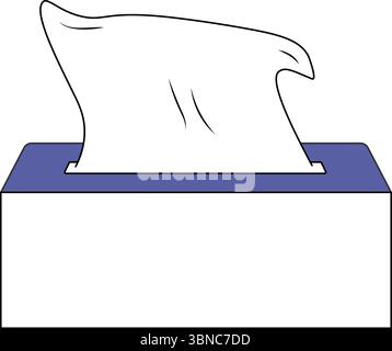 Une illustration d'une boîte de mouchoirs blancs avec un dessus violet, d'où émerge un mouchoir blanc, représenté dans un style épuré et minimaliste. Illustration de Vecteur