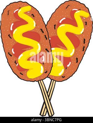 Illustration vectorielle de chiens de maïs coréens sur des bâtons avec de la bruine de moutarde. Parfait pour les dessins de Street food, les menus, la marque et les graphismes pop art. Illustration de Vecteur