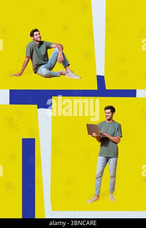 Modèle de tendance croquis de conception 3D collage de photos de jeune homme asseyez-vous dans l'espace travail à distance ordinateur netbook technologie freelance Banque D'Images