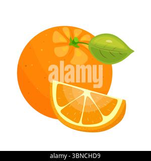 Icône orange définie. Fruits entiers brillants, moitiés, tranches avec des feuilles. Éléments pour le design printemps et été. Dessiné à la main. Illustration de Vecteur