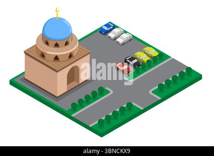 Parking près du bâtiment de la mosquée de la ville. Rassemblement de résidents locaux pour des prières régulières du soir dans un temple musulman local. Vue aérienne vecteur 3D isola Illustration de Vecteur