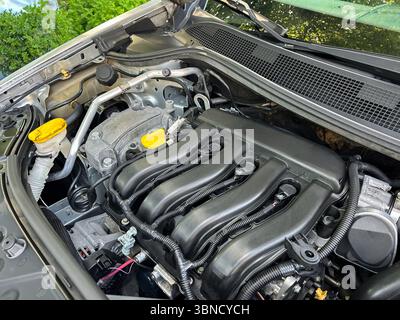 Gros plan d'un moteur de voiture haute performance, doté d'une tubulure d'admission noire élégante, de capuchons jaunes vifs et de divers composants mettant en vedette ADVA Banque D'Images