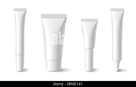 Ensemble de tubes à lèvres avec récipients en plastique blanc, bouchons nervurés, différentes tailles pour l'emballage cosmétique. Maquettes de produits de beauté vierges pour les formules brillantes, baume et crème. Modèles professionnels de soins de la peau Illustration de Vecteur