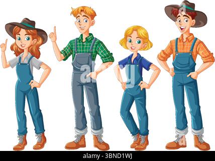 Illustration vectorielle de quatre agriculteurs souriants dans des combinaisons et des chapeaux colorés, mettant en valeur un style vibrant et convivial Illustration de Vecteur