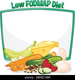 Illustration vectorielle colorée des aliments bas FODMAP avec un espace vide pour le texte. Comprend des fruits, des légumes et du fromage Illustration de Vecteur