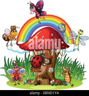Les insectes colorés se rassemblent autour d'une maison de champignons sous un arc-en-ciel vibrant. Illustration vectorielle ludique et imaginative avec des couleurs vives Illustration de Vecteur