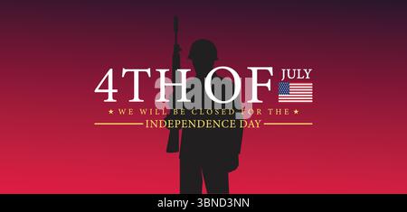 Affiche de fermeture patriotique du 4 juillet avec Soldier Silhouette et drapeau américain Illustration de Vecteur
