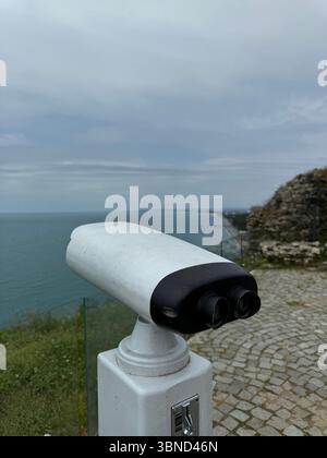 L'image montre une visionneuse binoculaire publique fixe avec une fente pour pièces de monnaie face à la mer. Il est monté sur un stand en métal blanc installé sur une côte pavée de pierre Banque D'Images