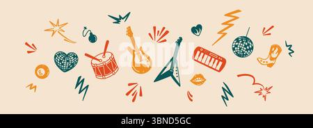 Rock n roll fest fond vintage coloré. Concept de soirée disco rétro. Instruments de musique doodle autocollants et icônes ensemble. Graphisme pour pop punk Illustration de Vecteur
