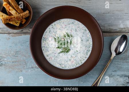 Soupe froide au yaourt avec concombre, aneth et herbes fraîches Banque D'Images