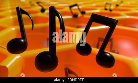 Un rendu 3D d'un nid d'abeille rempli de notes de musique. Des notes musicales sombres et silhouettées sont visibles dans plusieurs de ces cellules hexagonales. Banque D'Images