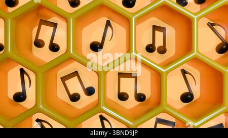 Un rendu 3D d'un nid d'abeille rempli de notes de musique. Des notes musicales sombres et silhouettées sont visibles dans plusieurs de ces cellules hexagonales. Banque D'Images