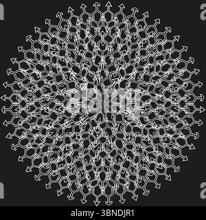 Motif mandala radial. Décoration cercle complexe. Vecteur de treillis blanc. Sur fond noir. Illustration de Vecteur