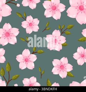 Un élégant motif sans couture de délicates fleurs de cerisier roses ou de fleurs de sakura avec des branches brunes et des feuilles vertes. Dispersé sur un bac sarcelle gris foncé Illustration de Vecteur