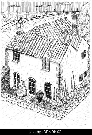 Ce croquis détaillé dessiné à la main présente un charmant chalet rural avec un toit en tuiles et plusieurs cheminées, entouré d'une végétation luxuriante et d'un sinueux Banque D'Images