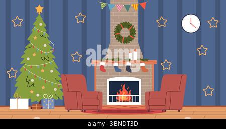 Intérieur de la chambre avec cheminée et fauteuils. Fête de Noël en famille. Arbre de Noël avec étoile et boules de verre. Cadeaux et chaussettes avec cadeau Illustration de Vecteur