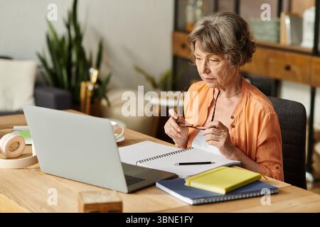 La femme mature est assise confortablement dans sa maison, travaillant intensément à son bureau avec un ordinateur portable. Banque D'Images