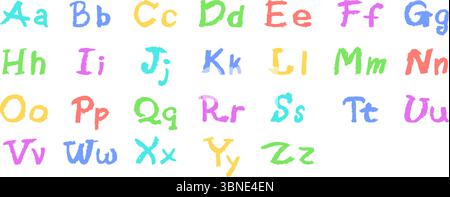 Alphabet anglais coloré dessiné à la main dans un crayon. Lettres majuscules et minuscules de style craie, pastel ou cire. Effet surligneur à bord pour Illustration de Vecteur