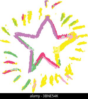 Gribouillage d'étoiles de couleurs arc-en-ciel dessinées à la main avec texture crayon cireux. Élément grunge de style enfants désordonné et amusant de ciel ou d'éclat. Art vectoriel brillant Illustration de Vecteur