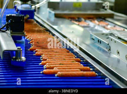 Les machines haute performance emballent des saucisses de produits alimentaires frais transformés. lignes de production alimentaire sur bandes transporteuses, industrie de production alimentaire Banque D'Images