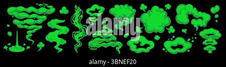 Sentez le nuage avec du gaz vert toxique, et puez les formes de fumée de dessin animé dans un style comique. Éléments vectoriels de fart et de mauvaise odeur avec des nuages de vapeur. Parfait pour Illustration de Vecteur