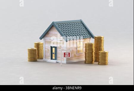 Les prix du logement, l'investissement, la valeur de la propriété, et le concept du marché immobilier avec une petite maison modèle avec un signe « à vendre » est entouré de grands s. Banque D'Images
