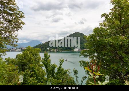 Une vue pittoresque sur le lac de Bled est encadrée par un feuillage vert luxuriant au premier plan, offrant un aperçu des eaux turquoises sereines. Slovénie Banque D'Images