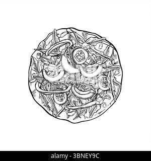 Tortilla vectorielle recouverte de roquette, de tranches d'avocat, de concombre et de poivre ligne monochrome art dessin à l'encre noire. Vue de dessus. Pizza végétalienne pour une alimentation saine Illustration de Vecteur