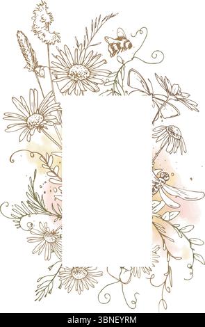 Cadre rectangulaire floral avec fleurs sauvages, herbes et papillons en dessin au trait et aquarelle. Idéal pour les invitations, les modèles de texte, l'emballage ou l'éco Illustration de Vecteur