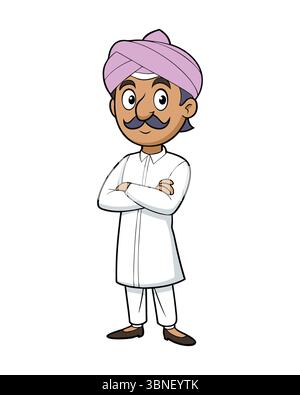 Personnage d'homme indien de dessin animé en tenue traditionnelle avec turban Illustration de Vecteur
