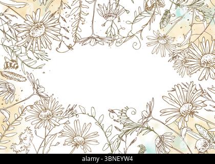 Modèle floral horizontal avec des éléments botaniques de coin en aquarelle pastel douce et contour d'encre. Parfait pour les invitations de mariage éco, emballage Illustration de Vecteur