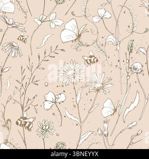 Motif d'art de ligne botanique sans couture avec des fleurs sauvages, des abeilles, des herbes et des feuilles sur fond beige doux. Motif floral minimal dessiné à la main parfait pour Illustration de Vecteur