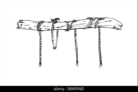 Bâton en bois séché attaché avec une corde et des extrémités suspendues illustration vectorielle monochrome peinte par des encres noires. Dessin décoratif à la gravure de branches d'arbre anciennes Illustration de Vecteur