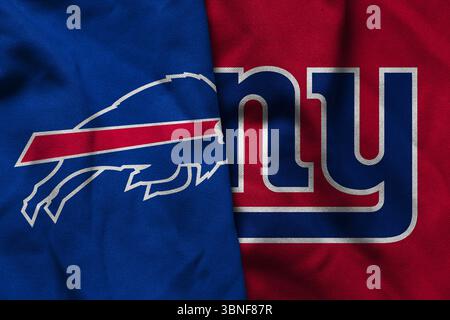 Pringsewu, Lampung ; 1er juillet 2025 ; le logo de l'équipe américaine de football américain de la NFL Buffalo Bills combiné avec les Giants de New York Banque D'Images
