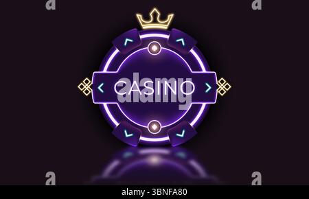 Jeton de casino fluo brillant avec couronne et texte de casino dans un style futuriste sur fond sombre. Parfait pour les thèmes de jeu, les jeux en ligne ou les machines à sous Illustration de Vecteur