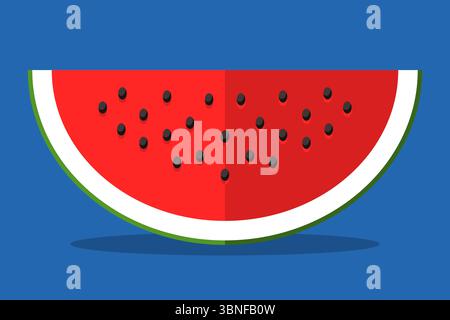 Vecteur de style plat d'une tranche de pastèque avec des graines sur fond bleu. Parfait pour les thèmes de l'été, la conception d'aliments sains, les affiches, les icônes et l'emballage Illustration de Vecteur