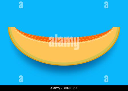 Illustration vectorielle d'une tranche de cantaloup avec de la pulpe juteuse sur fond bleu. Idéal pour les thèmes de la nourriture d'été, le design pour enfants, l'emballage, l'icône ou les fruits Illustration de Vecteur